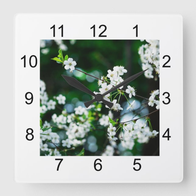 White Cherry Blossoms Green Leaves Square Wall Clock (Front)