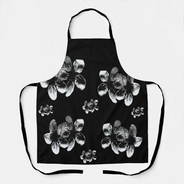 White Cherry Blossoms On Black, Full Print Apron (Front)