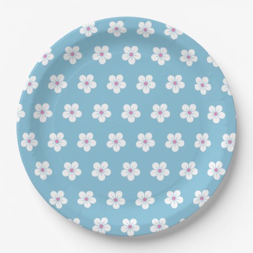 White Cherry Blossoms on Blue Paper Plates