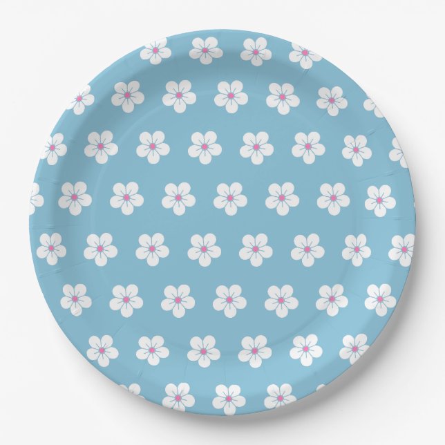 White Cherry Blossoms on Blue Paper Plates (Front)