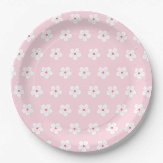 White Cherry Blossoms on Pink Paper Plates (Front)