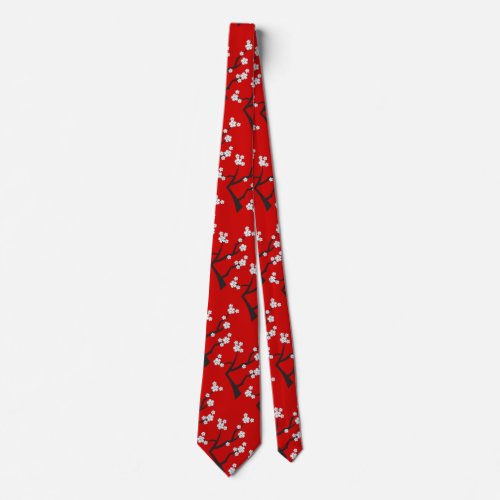 White Cherry Blossoms On Red Sakura Spring Flowers Tie