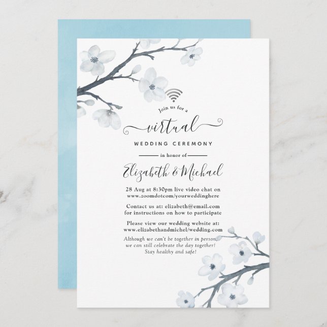 White Cherry Blossoms Online Virtual Wedding Invitation (Front/Back)