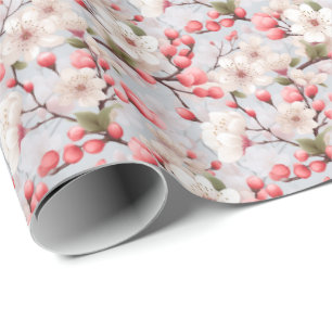 White Cherry Blossoms Pink Buds Spring Wrapping Paper