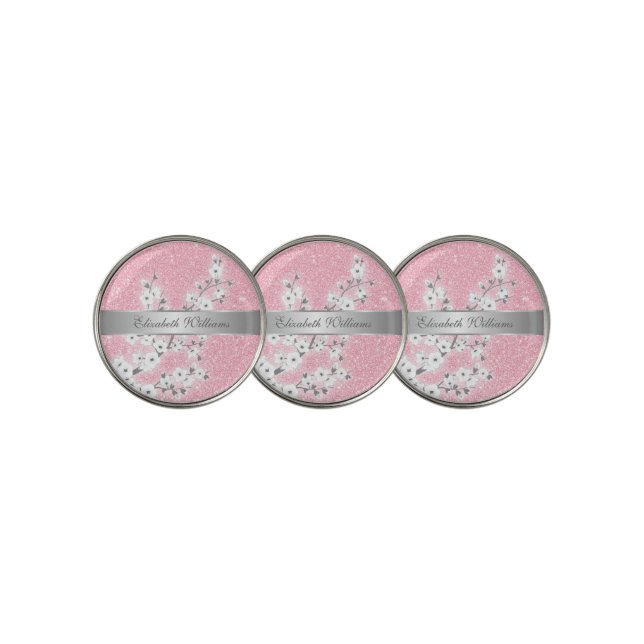 White Cherry Blossoms  Pink Glitter Monogram  Golf Golf Ball Marker (3 Up)