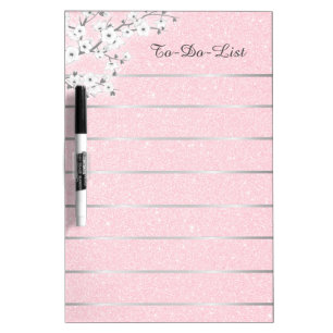 White Cherry Blossoms Pink Glitter Silver Lines Dry Erase Board