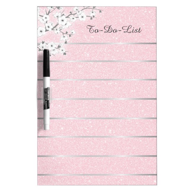 White Cherry Blossoms Pink Glitter Silver Lines  Dry Erase Board (Front)