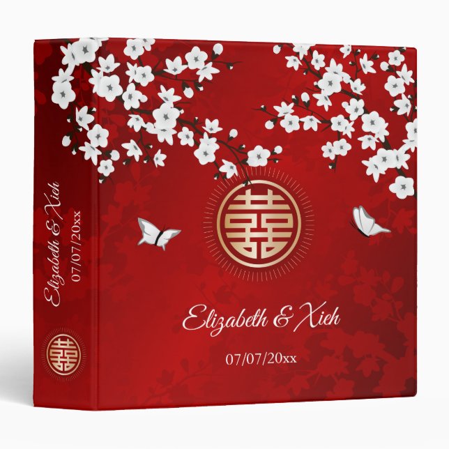 White Cherry Blossoms Red | Chinese Wedding 3 Ring Binder (Front/Spine)