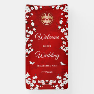 White Cherry Blossoms Red   Chinese Wedding Banner