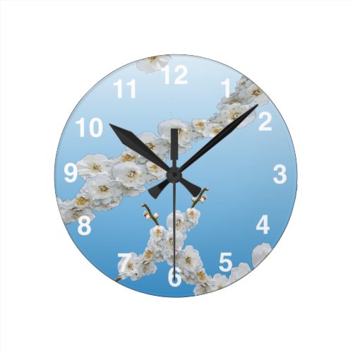 White Cherry Blossoms Round Wallclocks