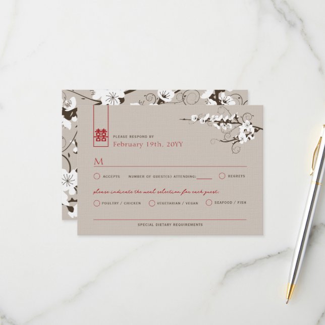 White Cherry Blossoms Sakura Swirls Asian Wedding RSVP Card (Front/Back In Situ)