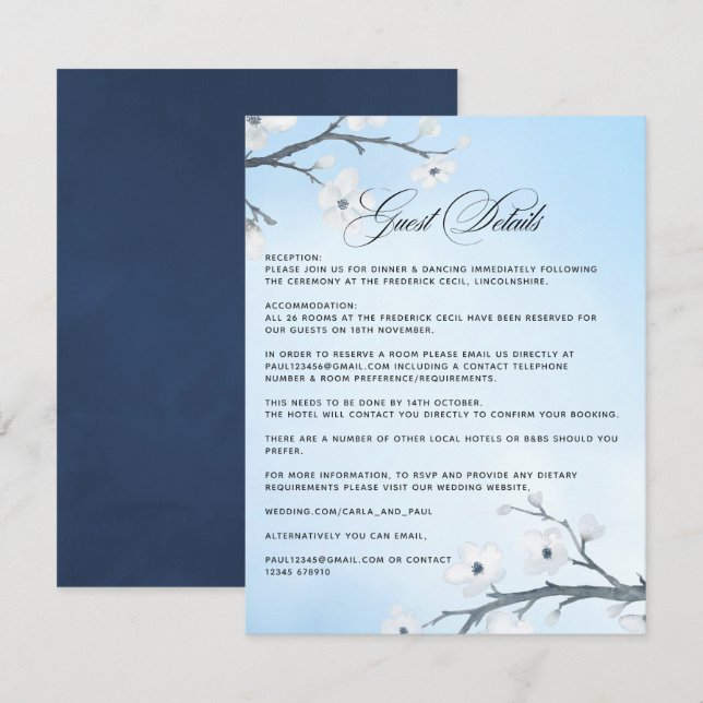 White Cherry Blossoms Wedding Guest Details Enclos Enclosure Card (Front/Back)