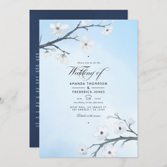 White Cherry Blossoms Wedding Invitation (Front/Back)