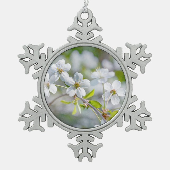 White Cherry Flower Snowflake Pewter Christmas Ornament (Front)