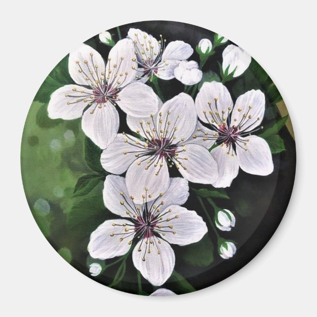 White Cherry Flowers In Acrylic Magnet (Front)