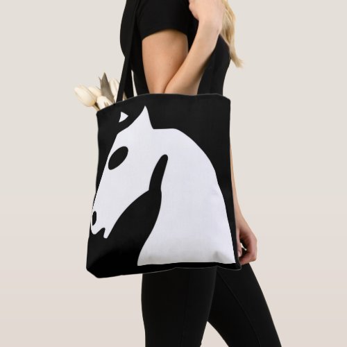 White chess horse on black tote bag