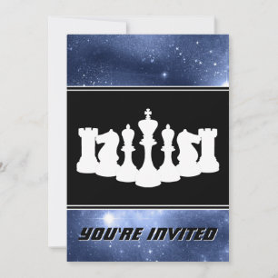 White Chess Pieces and Space Galaxy Birthday Invitation