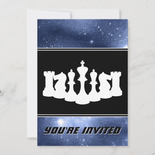 White Chess Pieces and Space Galaxy Birthday Invitation