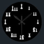 White Chess Pieces Clock<br><div class="desc">Wall Clock with the white chess pieces against a black background, representing their real value on chess. Totally customizable.</div>
