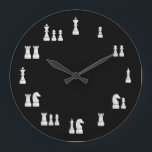 White Chess Pieces Clock<br><div class="desc">Wall Clock with the white chess pieces against a black background,  representing their real value on chess. Totally customizable.</div>