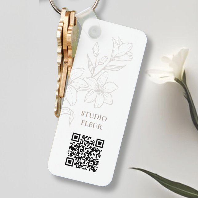 White | Chic Minimal Floral QR code Keychain (Creator Uploaded)
