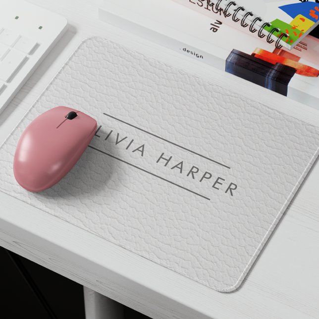 White Chic | Minimal Leather Look Mouse Pad (Custom Monogram Faux Leather Texture Mousepad: Personalized Elegance for Your Workspace)
