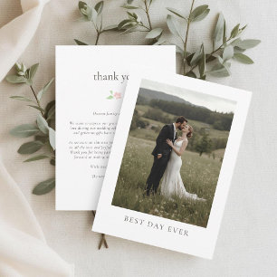 White Chic Photo Floral Flat Thank You Card