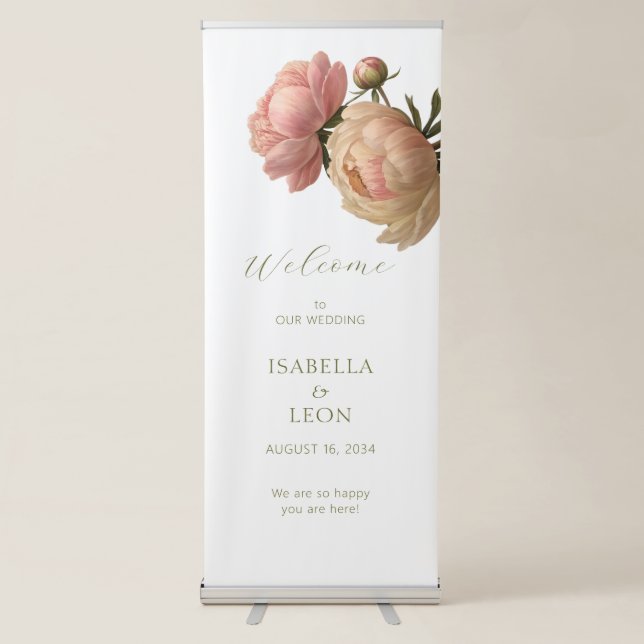 White | Chic Rose Wedding Welcome  Retractable Banner (Front)