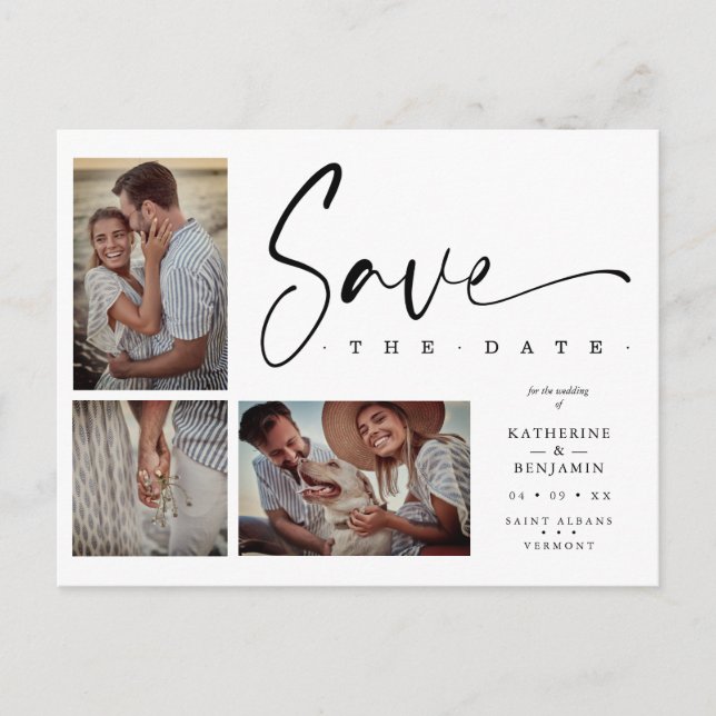 White Chic Trendy Collage Wedding 3 Photos Postcard (Front)