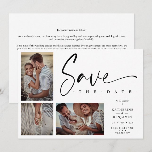 White Chic Trendy Collage Wedding Covid19 3 Photos (Front/Back)