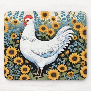 White Chicken and Sunflowers Mouse Pad
