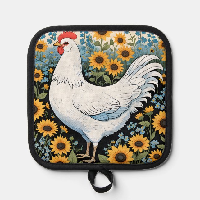 White Chicken and Sunflowers Pot Holder (Front)