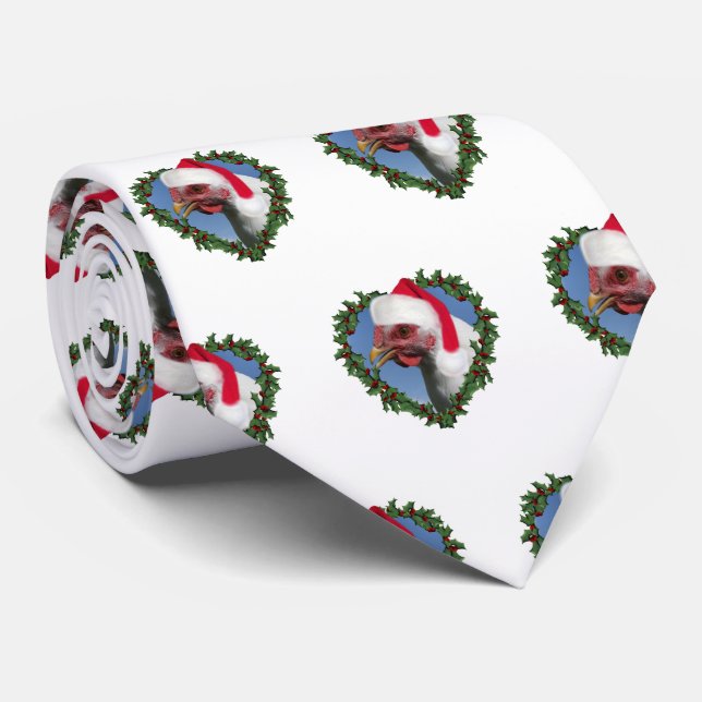 White Chicken in Heart Wreath Christmas Neck Tie (Rolled)