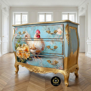 White Chicken Yellow Blooms Dresser Decoupage Tissue Paper