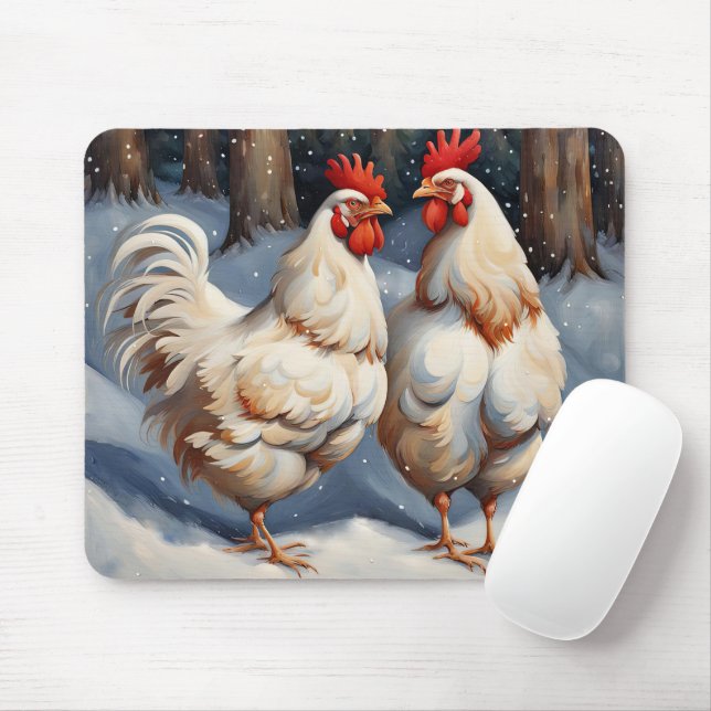 White Chickens In Snow Mouse Pad (With Mouse)