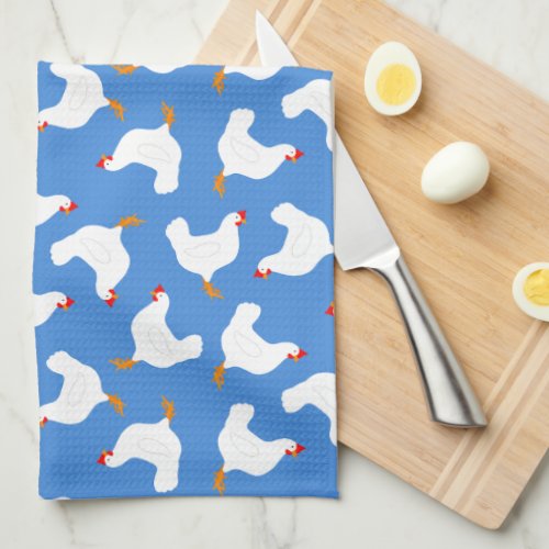 White Chickens on Blue Kitchen Towel