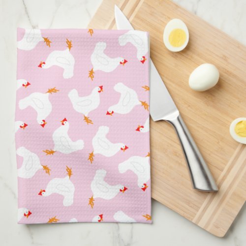 White Chickens on Pink Kitchen Towel