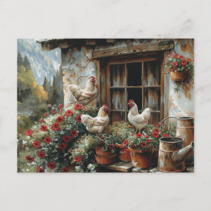 White Chickens on Windowsill Red Flowers Clay Pot Postcard