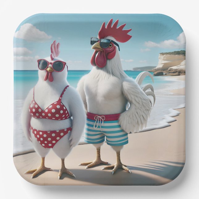 White Chickens Wearing Swimsuits Paper Plates (Front)