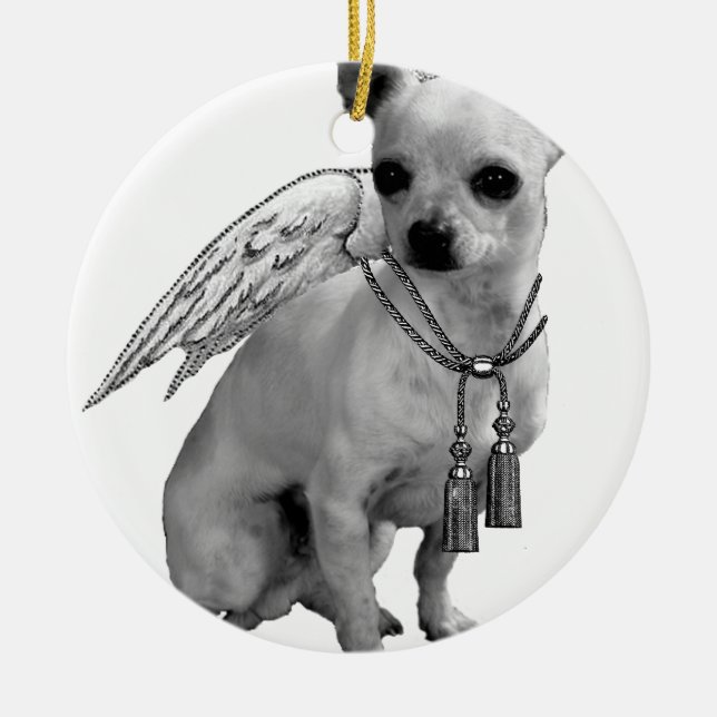 White Chihuahua Angel Wings Ceramic Ornament (Front)
