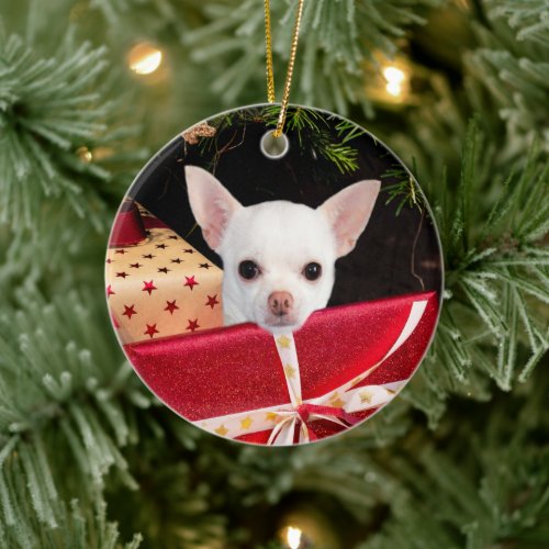 White Chihuahua Christmas Ceramic Ornament