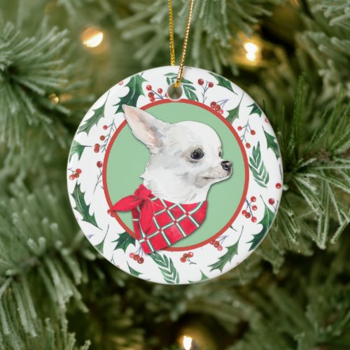 White Chihuahua Dog Holly Border Ceramic Ornament