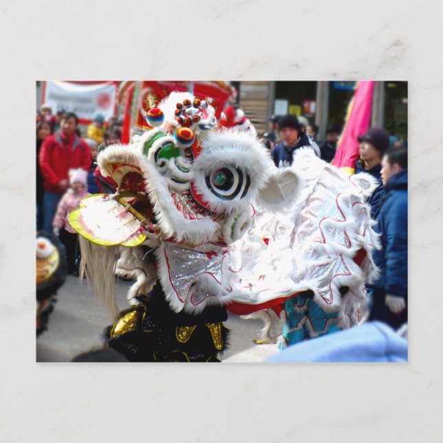 White Chinese Lion Dancer Chinatown Postcard (Front)
