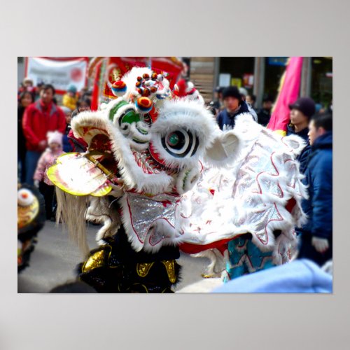 White Chinese Lion Dancer Chinatown Poster