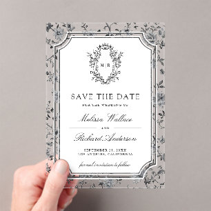 White Chinoiserie Crest Wedding Save the Date Acrylic Invitations