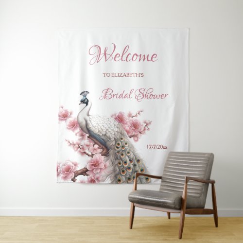 White Chinoiserie Peacock  Bridal Shower Tapestry