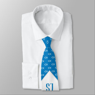 White Christian Fishes Initials Sky Blue Neck Tie