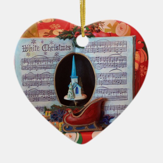 White Christmas and Santa Sleigh Ceramic Ornament (Front)