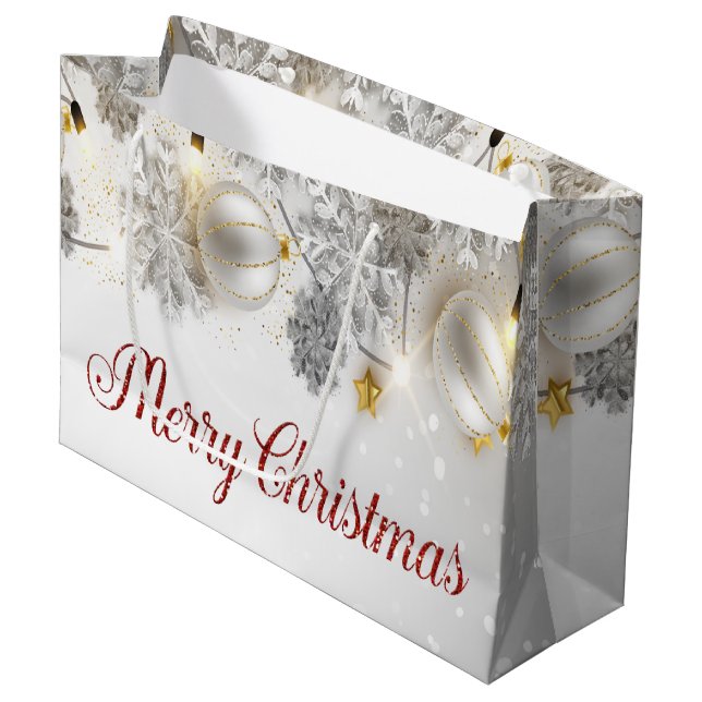 White Christmas Balls Snowflakes String Lights Large Gift Bag (Front Angled)