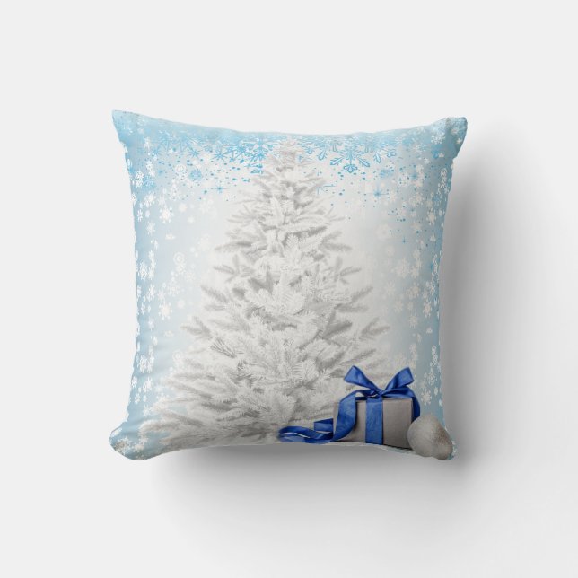 White Christmas Blue Snowflakes Throw Pillow (Front)